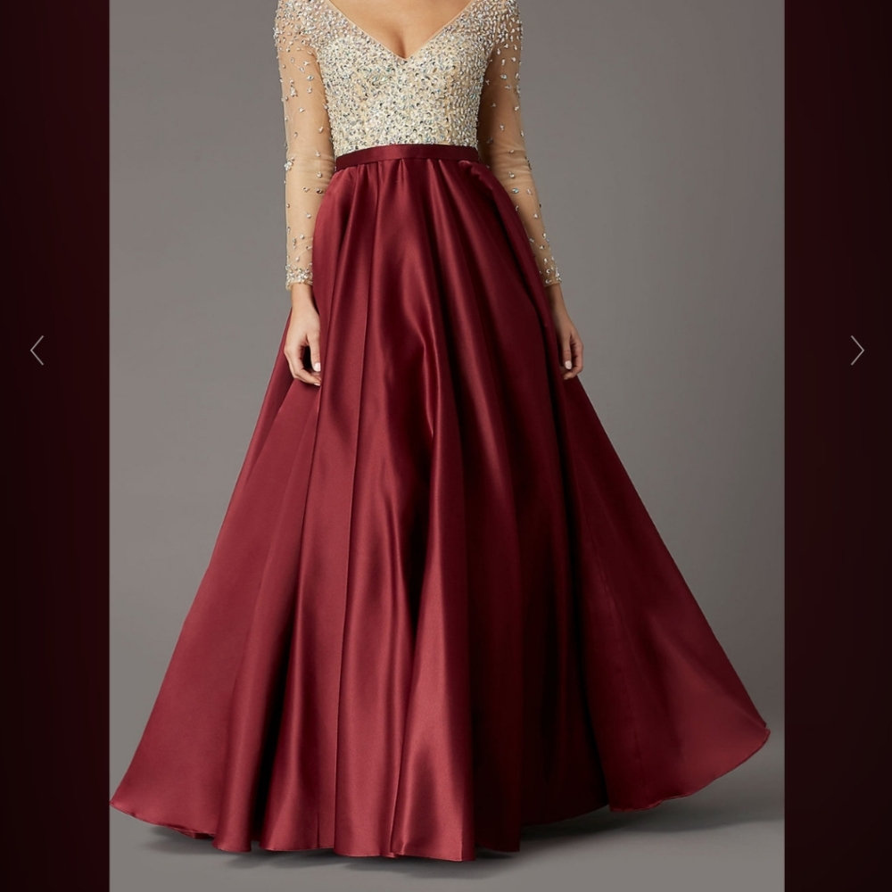 Long Sleeve Embellished-Bodice Burgundy Prom Dress